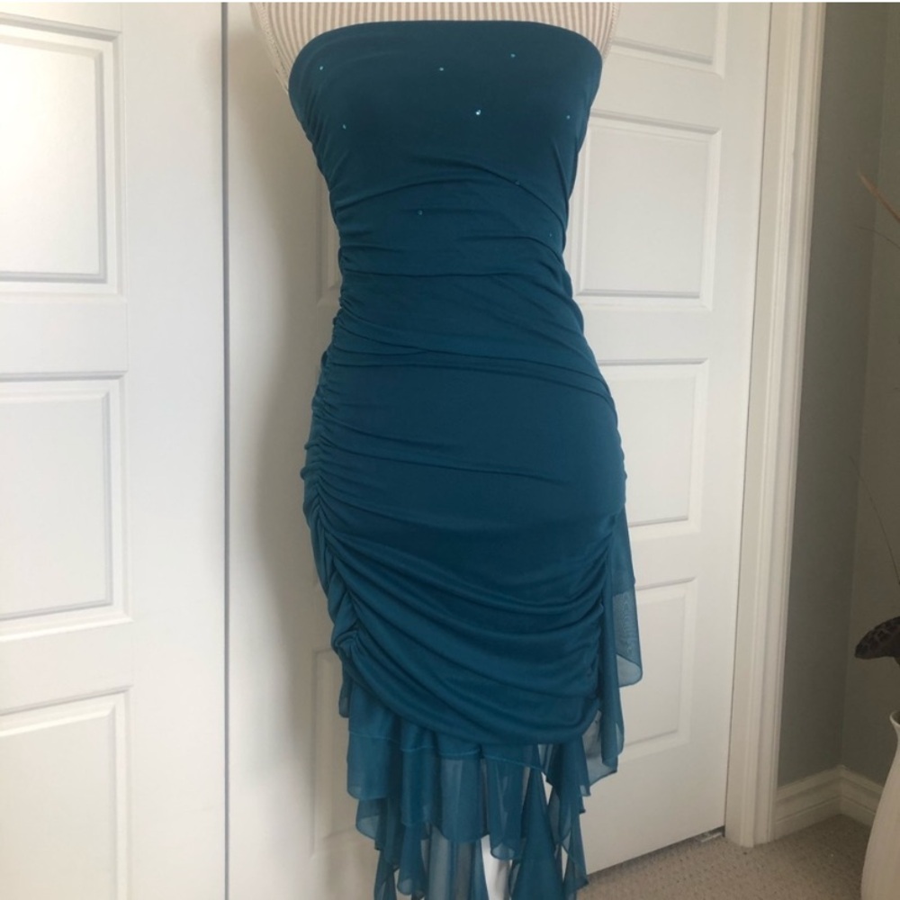 Aqua Strapless Dress w/ Asymetrical Fishtail Hem